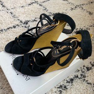 Yves Saint Laurent Black Suede Wedge Sandals (New)